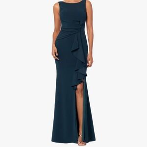 Betsy & Adam Women’s Long Sleeveless Boat Neck Ruffle Side Slit Scuba Crepe Gown